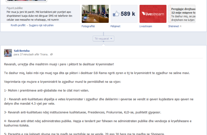 Berisha në “Facebook”: Rama ka mashtruar qytetarët